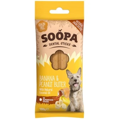 Image of Soopa Grain Free Banana and Peanut Butter Dental Dog Treats, 4 Sticks,100 g (Pack of 1)