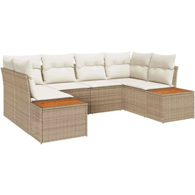 Image of vidaXL 6 Piece Garden Sofa Set with Cushions Beige Poly Rattan Acacia