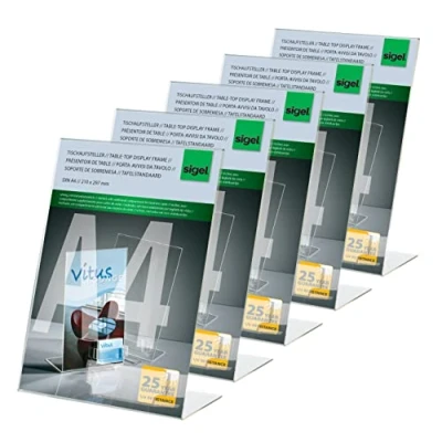 Image of SIGEL TA230 Sign Holder, slanted, for A4, with business card compartment, uv resistant acrylic, transparent, 5 Pieces