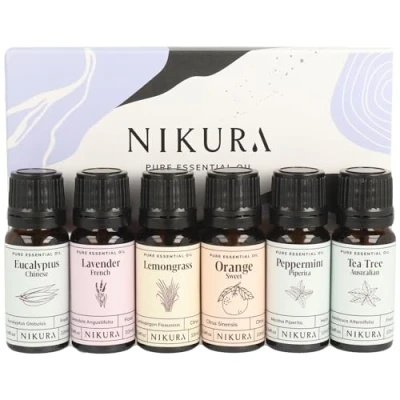 Image of Nikura Starter Kit Essential Oil Gift Set 6 x 10ml for Diffuser Home, Aromatherapy, Strong Fragrance, Sleep Eucalyptus, Lavender, Lemongrass, Sweet Orange, Peppermint, Tea Tree