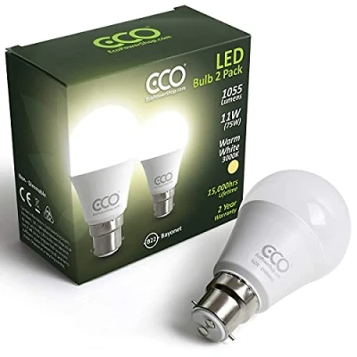 Image of ECO 2 pin B22 Bayonet Light Bulbs, Energy Saving 11W LED, 1055 Lumens, 75W Equivalent, Soft Warm White (3000K), 15,000Hrs Lifetime. 2X Pack of LED Bulbs.