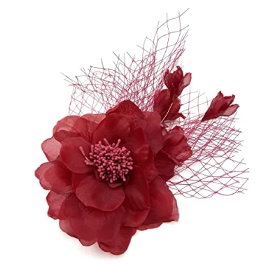 Image of Ladies Chiffon &amp; Net Beak Clip Fascinator, Hair Piece Weddings, Races, Royal Ascot (Burgundy)