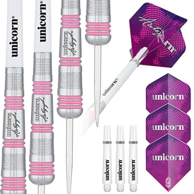 Image of Unicorn Steel Tip Darts Set Autograph Series Style 3 80% Natural Tungsten Barrels with Pink Accents 25 g