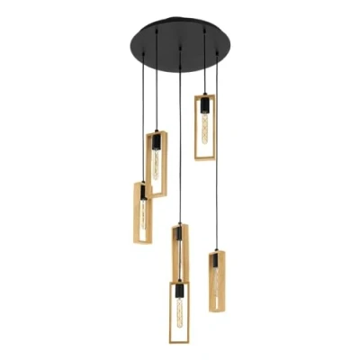 Image of Eglo Pendant Lighting Littleton, 6 Light Vintage Cluster Hanging lamp in Industrial Design, Retro Ceiling Made of Black Metal and Natural Wood, E27socket, FSC Certified