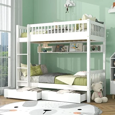 Image of Merax Wooden Bunk Beds for Kids, 3FT Loft Bed with Stairs and Guard Rail, Single Slatted Frame, Space Saving Kids Shelf Drawer Storage, White, 90x190 cm (No Mattress)