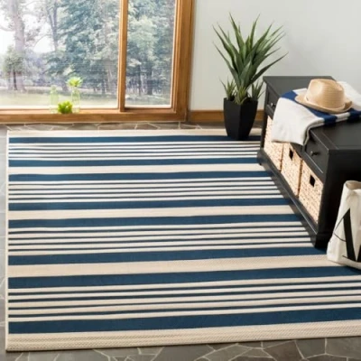 Image of SAFAVIEH Striped Rug for Indoor &amp; Outdoor Courtyard Collection, Short Pile, in Navy and Beige color, 160 X 231 cm