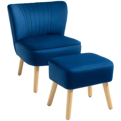 Image of HOMCOM Velvet Accent Chair Occasional Tub Seat Padding Curved Back with Ottoman Wood Frame Legs Home Furniture Dark Blue