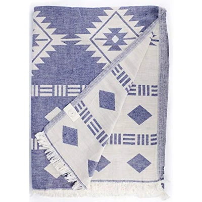 Image of Bersuse 100% Cotton Belize XXL Throw Blanket Turkish Towel Dark Blue