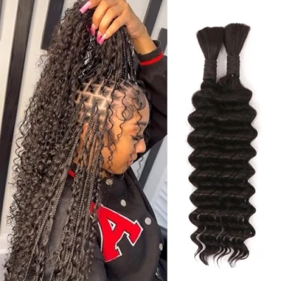 Image of Human Braiding Hair for Boho Braids 100g Deep Wave Bulk No Weft Brazilian Curly Extensions Knotless (1B#, 14 Inch(50g/Bundle x2))