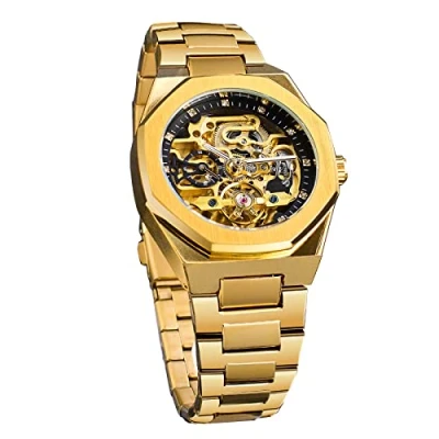 Image of FORSINING Vintage Watch for Men Engraved Automatic Self Wind Mechanical Big Dial Luminous Moon Phase Golden Hollow Tattoo Pattern Wrist Watches, Mechanical, Gold, Mechanical,Automatic
