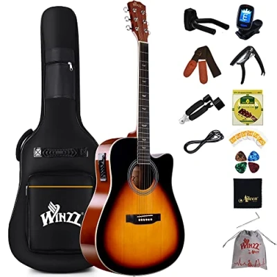 Image of Winzz Electro Acoustic Guitar for Adults, 4/4 Full Size Beginner Folk Children over 12 years (41 Inches, Steel string, Sunburst Glossy)