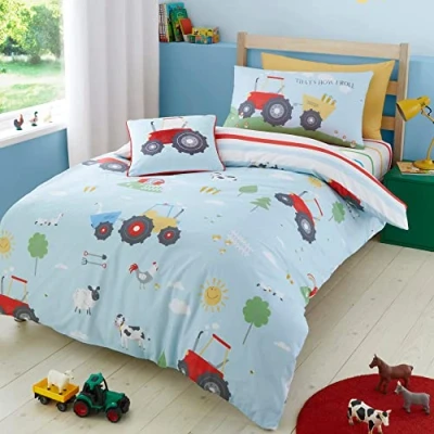 Image of Bedlam Farm Duvet Cover Sets Double Bedding Size (200 x 200cm) Animals &amp; Construction Tractor Reversible Design Farmyard Friends Collection, Blue