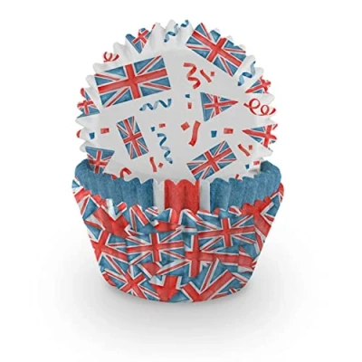 Image of Union Jack Cake Cases Pack of 75 Paper with 3 Flag Designs King Charles Coronation Party Cupcake Baking Cups