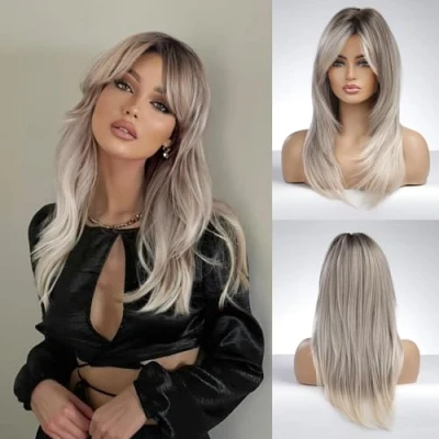 Image of Honygebia Brown Blonde Wig with Bangs Long Wavy Ombre Curtain Bang Wigs for Women, to Light Ash Dark Roots Synthetic Hair, Heat Resistant Natural Cute Halloween/Christmas