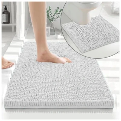 Image of GC GAVENO CAVAILIA 2 Piece Non Slip Rubber Backed Mats Super Absorbent Antibacterial Toilet Carpet Mat Quick Dry Microfiber Chenille Rug Washable Bath White