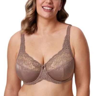 Image of Delimira Women&#039;s Beauty Lace Non Padded Minimiser Full Figure Underwire Bra Brown Purple 38D