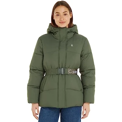 Image of Calvin Klein Jeans LOGO BELT Short Puffer Winter coat, Women&#039;s, Size: XL, Thyme