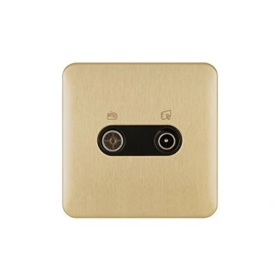 Image of Schneider Electric Lisse Screwless Deco Double TV/FM Aerial Socket, 240V, GGBL7020BSBS, Satin Brass with Black Insert