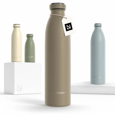 Image of LARS NYSØM Stainless Steel Insulated Water Bottle 12oz 17oz 25oz 34oz 51oz Thermo Flask for Hot and Cold Beverages Leakproof Drinking (Taupe Brown, 750ml)