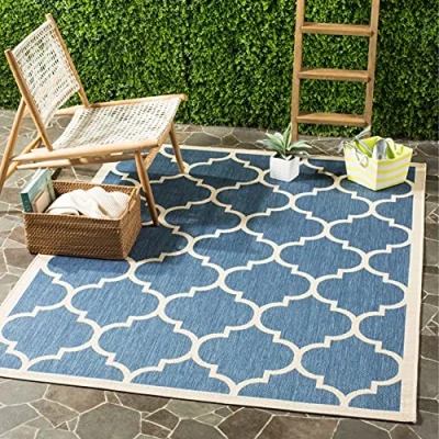 Image of SAFAVIEH Trellis Rug for Indoor &amp; Outdoor Courtyard Collection, Short Pile, in Blue and Beige, 79 X 152 cm