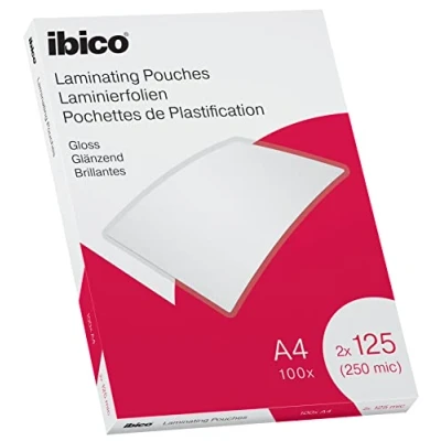 Image of Ibico A4 Laminating Pouches, 250 Micron (2x125), High Document Protection &amp; Durability, Pack of 100, Gloss Finish, Crystal Clear, 627318
