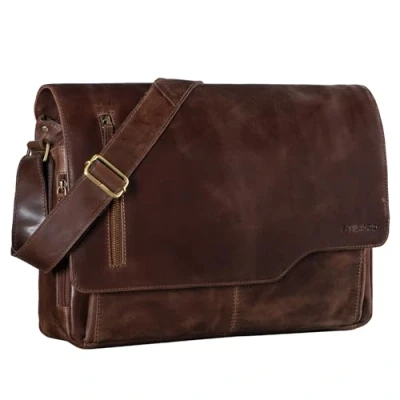 Image of STILORD &#039;Marlon&#039; Leather Bag Men Business University Vintage Shoulder Crossbody Messenger Laptop 15.6 inches in Genuine Leather, Colour:Kansas Brown
