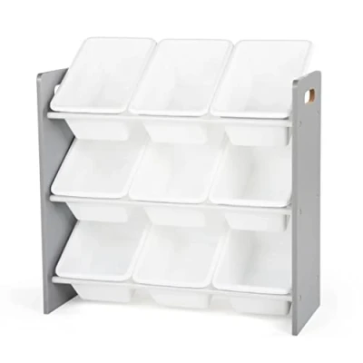 Image of Humble Crew Children&#039;s Shelf, Toy Organiser Shelf with 9 Storage Boxes, Grey/White,86.3 x 39.4 79.5 cm