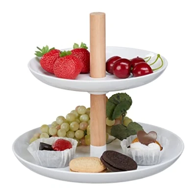 Image of Relaxdays Etagere, 2 Tiers, Plastic &amp; Wood, Round Serving Stand, HxD 19x21 cm, Cupcake Modern, White/Natural