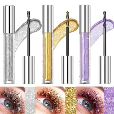 Image of Bekoeen 3PCS Glitter Mascara Eyeshadow,Lengthening Volumizing Colorful Mascara,Sparkling Diamonds Silver Diamond Mascara, Waterproof Lashes for Eyelashes,Party Wedding