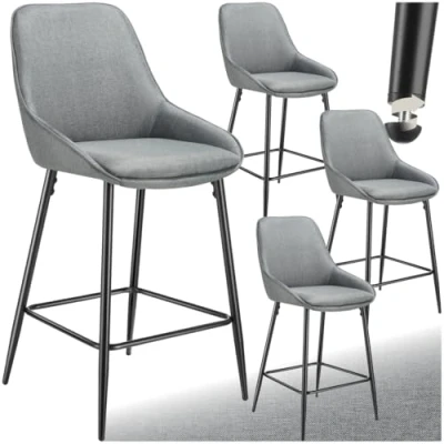 Image of TecTake® Set of 4 Bar Stools with Woven Fabric Covers &amp; Plush Padding, Height Adjustable Stool Backrests Slim Steel Legs, Ideal as Kitchen Island Dining Chairs Grey/Black