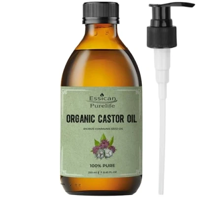 Image of Essican Purelife Organic Castor Oil in Glass Bottle with Pump 250ml 100% Pure Organic, Hexane Free For Hair Growth, Cold Pressed, Nourish Skin, Eyelashes