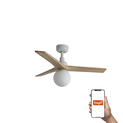 Image of Klim Small 3 Blade Ceiling Fan Matt White, Oak Wood with Light 1x E27 Tuya Smart System