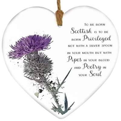 Image of Global Designs To Be Born Scottish Thistle Watercolour Effect Illustration Ceramic Heart Hanging Plaque