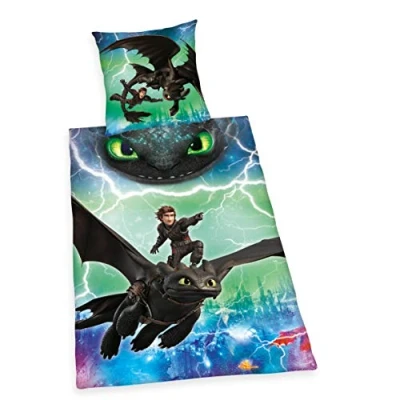 Image of Herding DREAMWORKS DRAGONS Bedding Set, Reversible Motif, Duvet Cover 140 x 200 cm, Pillow Case 70 90 Cotton/Renforcé
