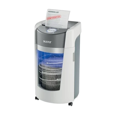 Image of Leitz IQ OptiMax Office P5 Micro Cut Paper Shredder, Shreds 12 10 Sheets (70 80 gsm), Unique Bin Rotation Technology, 33% More Capacity, 35L (550x A4), Ultra Quiet Operation, White, 83601000
