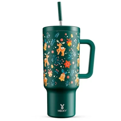 Image of Meoky 40oz Tumbler with Handle, Leak proof Lid and Straw, Insulated Coffee Mug Stainless Steel Travel Mug, Keeps Cold for 34 Hours or Hot 10 (Green Christmas)