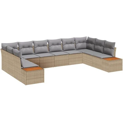 Image of vidaXL 10 Piece Garden Sofa Set with Cushions Beige Poly Rattan Acacia