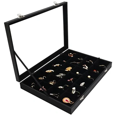 Image of BELLE VOUS 24 Sections Black Velvet Jewellery Organiser Display Case Box Tray &amp; Glass Lid Stackable for Drawer, Adjustable Storage Grids Rings, Necklaces, Bracelets, Earrings Watches