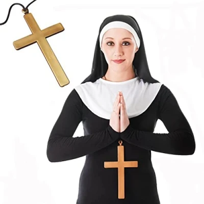 Image of Nun Kit Headdress, Collar &amp; Cross Ladies Religious Fancy Dress Habit Church Costume Halloween Outfit