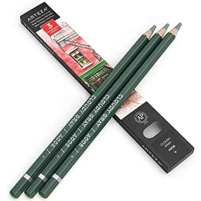 Image of ARTEZA Professional Watercolour Pencils, Pack of 3, A047 Cloudy Grey, Water Soluble Pencils for Colouring, Blending, Layering &amp; Techniques