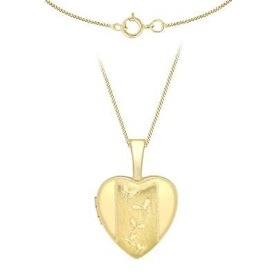 Image of Carissima Gold Women&#039;s 9 ct Yellow Small Etched Butterfly Detail Heart Locket on Curb Chain of Length 46 cm