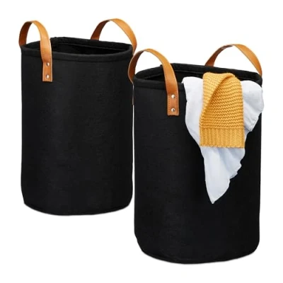 Image of laundry bin, 28 l, foldable, felt, pu leather handles, sorter for bathroom &amp; bedroom, 47x30 cm, black Relaxdays