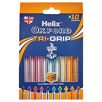 Image of Helix Oxford Tri Grip Ballpoint Pens (x10 Pack Assorted Colours) with Plastic Free Packaging