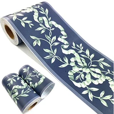 Image of Mesoar Self Adhesive Navy Floral Rattan Wallpaper Border Peel Stick Decorative Ceiling Sticker Molding 10cm by 32.8ft