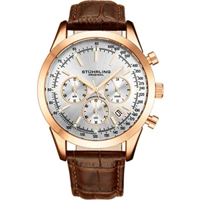 Image of Stuhrling Original Mens Watches Chronograph Analog Silver Dial with Date Rose Gold Steel Case Tachymeter 24 Hour Subdial Brown Leather Strap