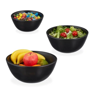 Image of Relaxdays, set of 3, Mango Wood, Ø 18, 23 and 28 cm, Serving Bowls for Salad, Snacks, Fruit, Black, 12 x cm