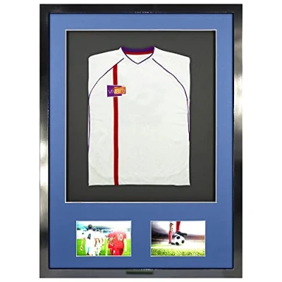 Image of Vivarti DIY Infant 3D Mounted + Double Aperture Sports Shirt Display Frame for Football Shirt, Rugby Band T Shadow Box 50x 70cm Gloss Black Frame, Blue Mount, Backing Card