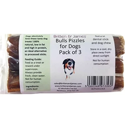 Image of Britten &amp; James 3 Thick Bulls Pizzles for Dogs (12cm length) Bully Stick Natural Dental and Dog Chew. Hypoallergenic Grain Free Long Lasting Treat