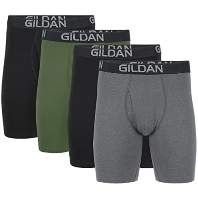 Image of Gildan Men&#039;s Cotton Stretch Boxer Brief, Multipack, Black Soot/Heather Dark Grey/Green Midnight (4 Pack, Long Leg), S (Pack of 4)