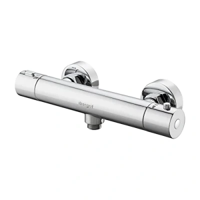 Image of Ibergrif M21805 1 Thermostatic Shower Mixer Bar Two Outlet, Wall Mounted Tap,Anti Scald, Bottom 1/2&quot; BSP, Chrome, Silver